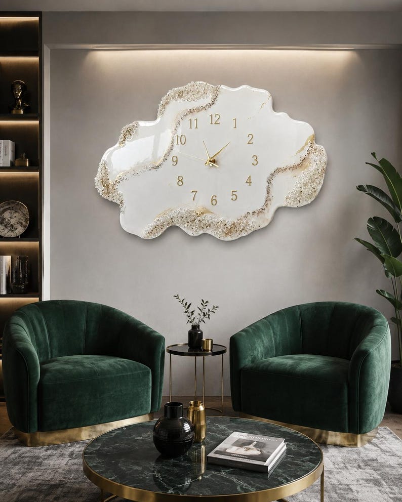 Large Geode Resin Wall Clock, White Gold Marble Clock, Luxury Epoxy Wall Decor, Oversized Handmade Clock, Modern Housewarming Gift