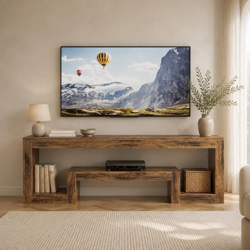 Luxury Farmhouse TV Stand for 65 Inch TV – Rustic Brown Entertainment Center with Open Storage Shelves, Wooden Media Console for Living Room