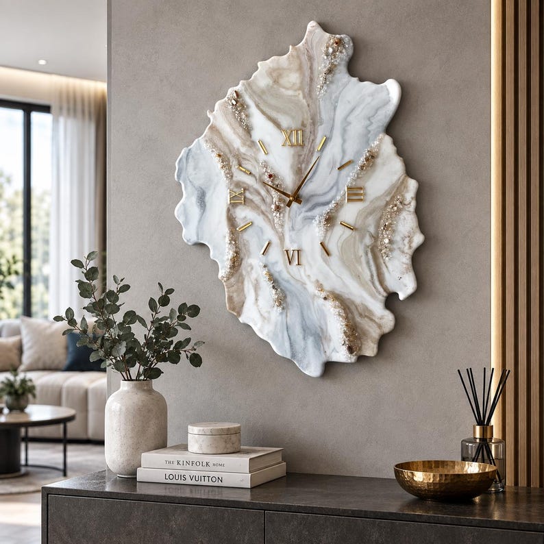 White Marble Geode Resin Wall Clock, Luxury Gold Wall Clock, Handmade Epoxy Resin Clock, Modern Statement Wall Decor, Housewarming Gift