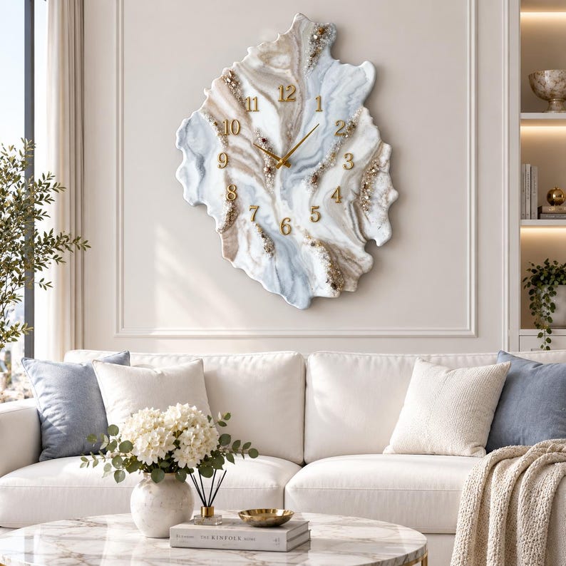 White Marble Geode Resin Wall Clock, Luxury Gold Wall Clock, Handmade Epoxy Resin Clock, Modern Statement Wall Decor, Housewarming Gift