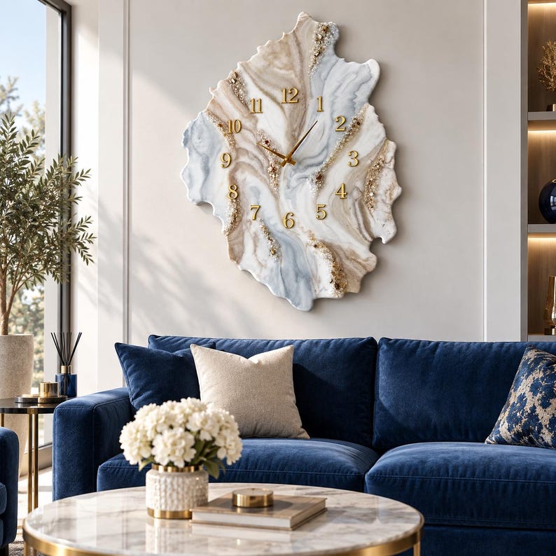 White Marble Geode Resin Wall Clock, Luxury Gold Wall Clock, Handmade Epoxy Resin Clock, Modern Statement Wall Decor, Housewarming Gift