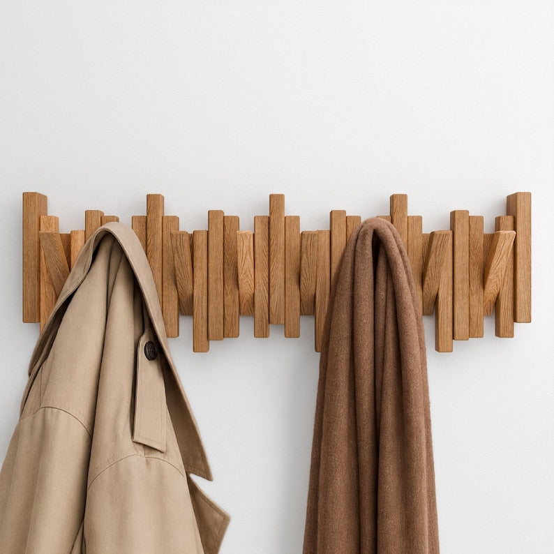 Luxury Wooden Coat Rack Wall Mounted Handmade Solid Oak Natural Wood Hook Rail for Hallway