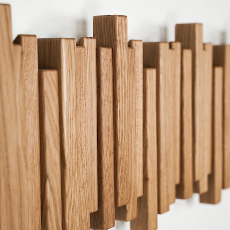 Luxury Wooden Coat Rack Wall Mounted Handmade Solid Oak Natural Wood Hook Rail for Hallway