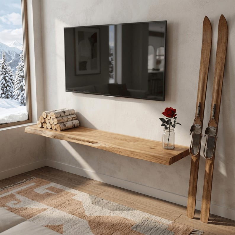 Luxury Live Edge TV Shelf, Solid Wood Floating Console, Handmade Media Unit, Rustic Wall Mounted TV Stand, Natural Wood Entertainment Shelf