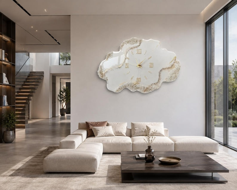 Large Geode Resin Wall Clock, White Gold Marble Clock, Luxury Epoxy Wall Decor, Oversized Handmade Clock, Modern Housewarming Gift