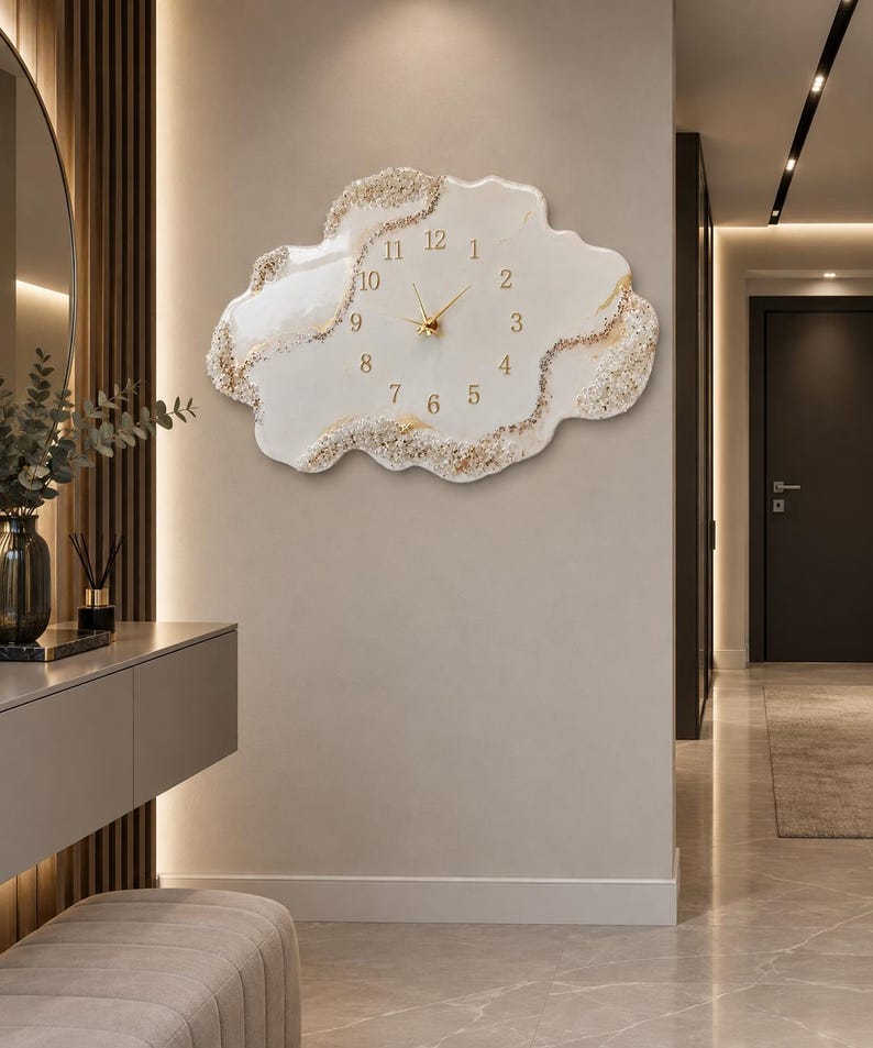 Large Geode Resin Wall Clock, White Gold Marble Clock, Luxury Epoxy Wall Decor, Oversized Handmade Clock, Modern Housewarming Gift