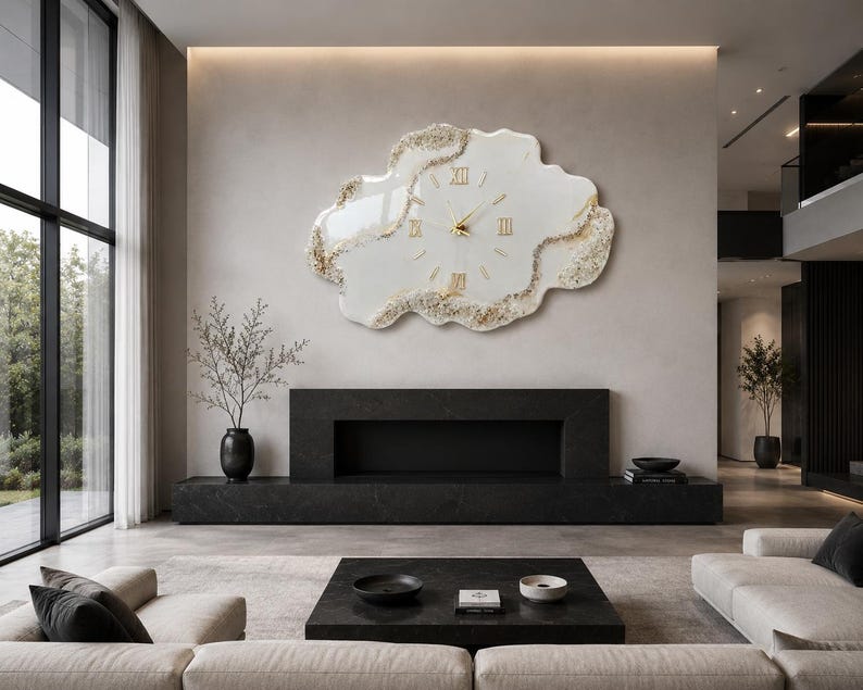 Large Geode Resin Wall Clock, White Gold Marble Clock, Luxury Epoxy Wall Decor, Oversized Handmade Clock, Modern Housewarming Gift