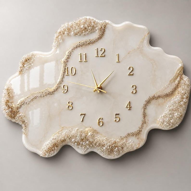 Large Geode Resin Wall Clock, White Gold Marble Clock, Luxury Epoxy Wall Decor, Oversized Handmade Clock, Modern Housewarming Gift