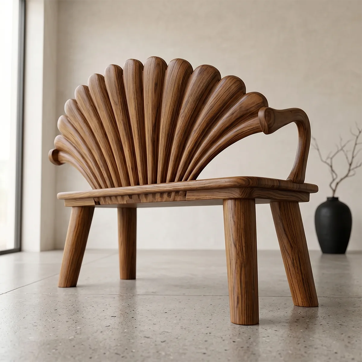 Luxury Solid Wood Decorative Fan Shell Bench with Artistic Sculptural Backrest