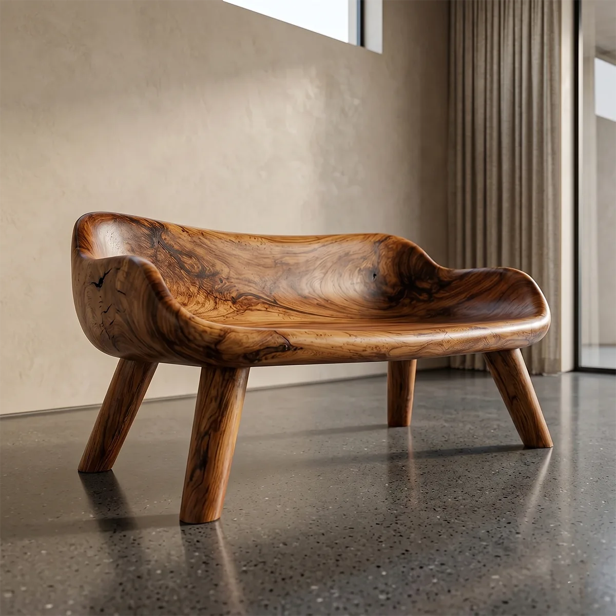 Premium Solid Wood , One Piece Wood, Organic Luxury Sculptural Garden Bench with Integrated Curved Backrest
