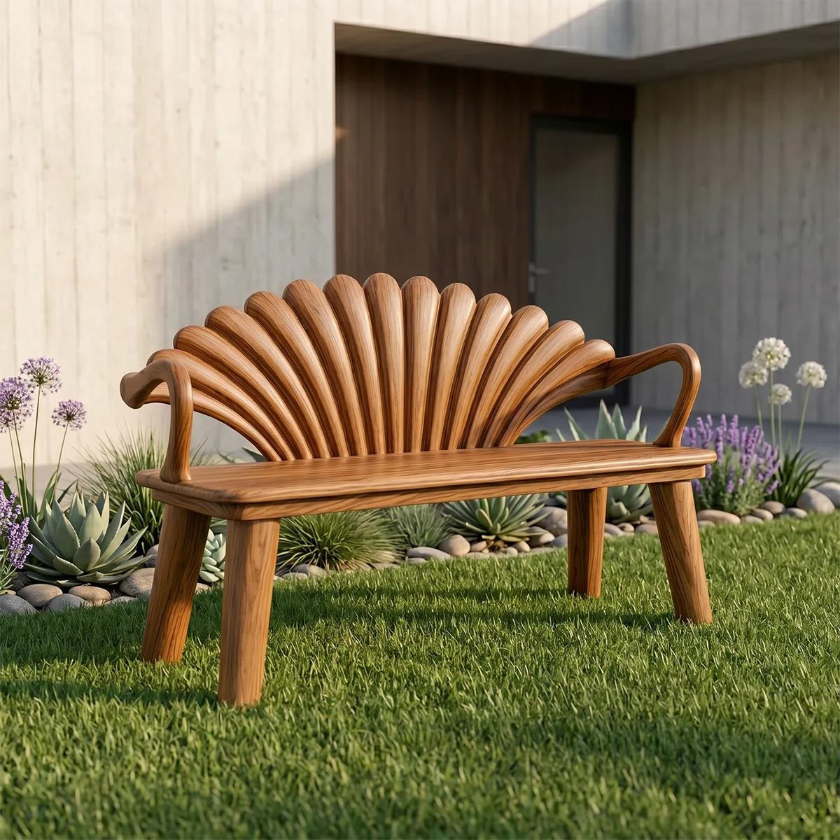 Luxury Solid Wood Decorative Fan Shell Bench with Artistic Sculptural Backrest