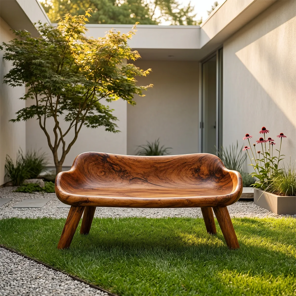 Premium Solid Wood , One Piece Wood, Organic Luxury Sculptural Garden Bench with Integrated Curved Backrest