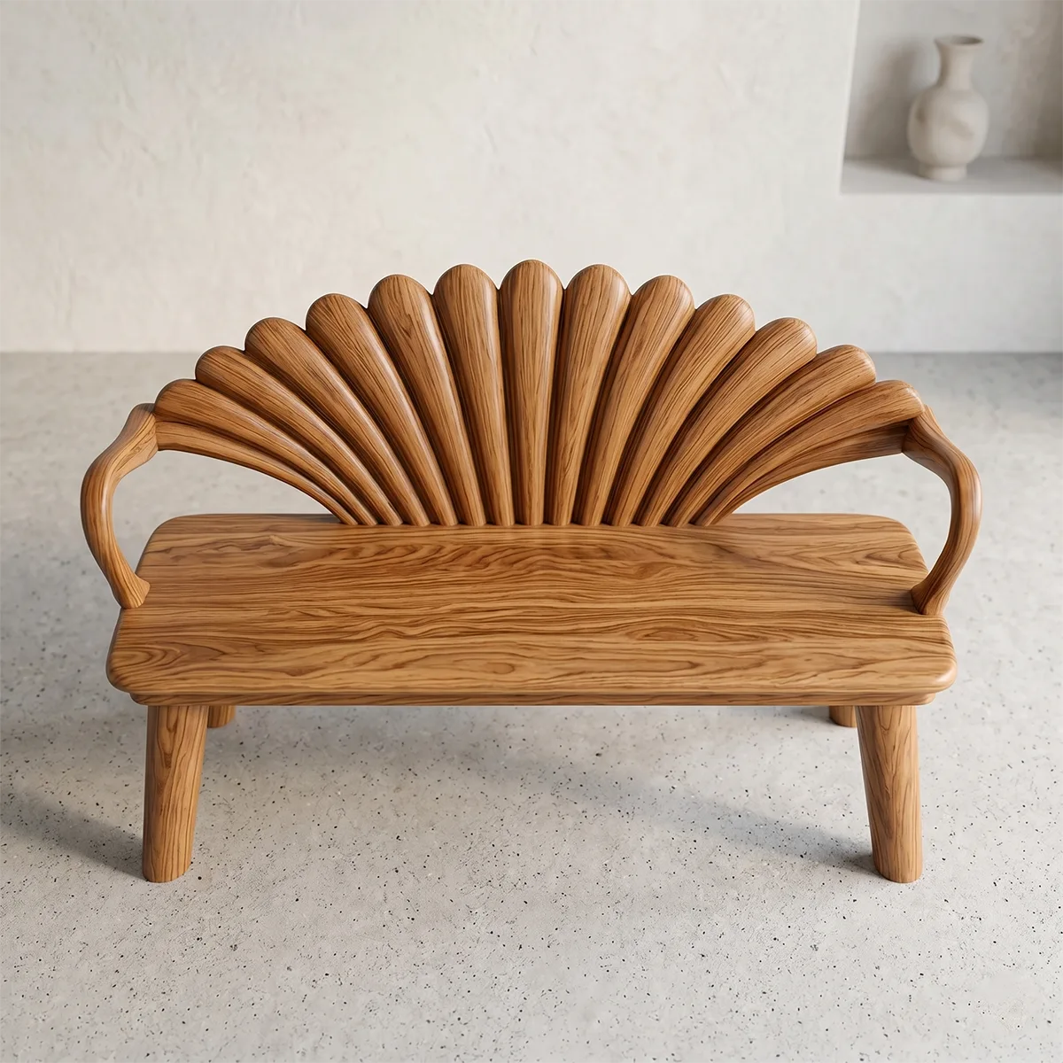 Luxury Solid Wood Decorative Fan Shell Bench with Artistic Sculptural Backrest