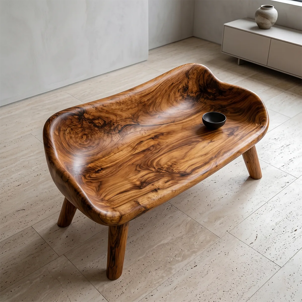 Premium Solid Wood , One Piece Wood, Organic Luxury Sculptural Garden Bench with Integrated Curved Backrest